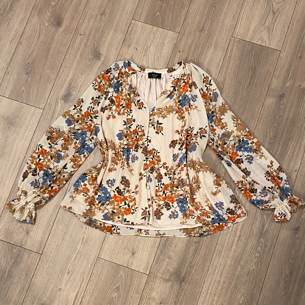 Vici Cream Floral Blouse with Blue and Orange Accents